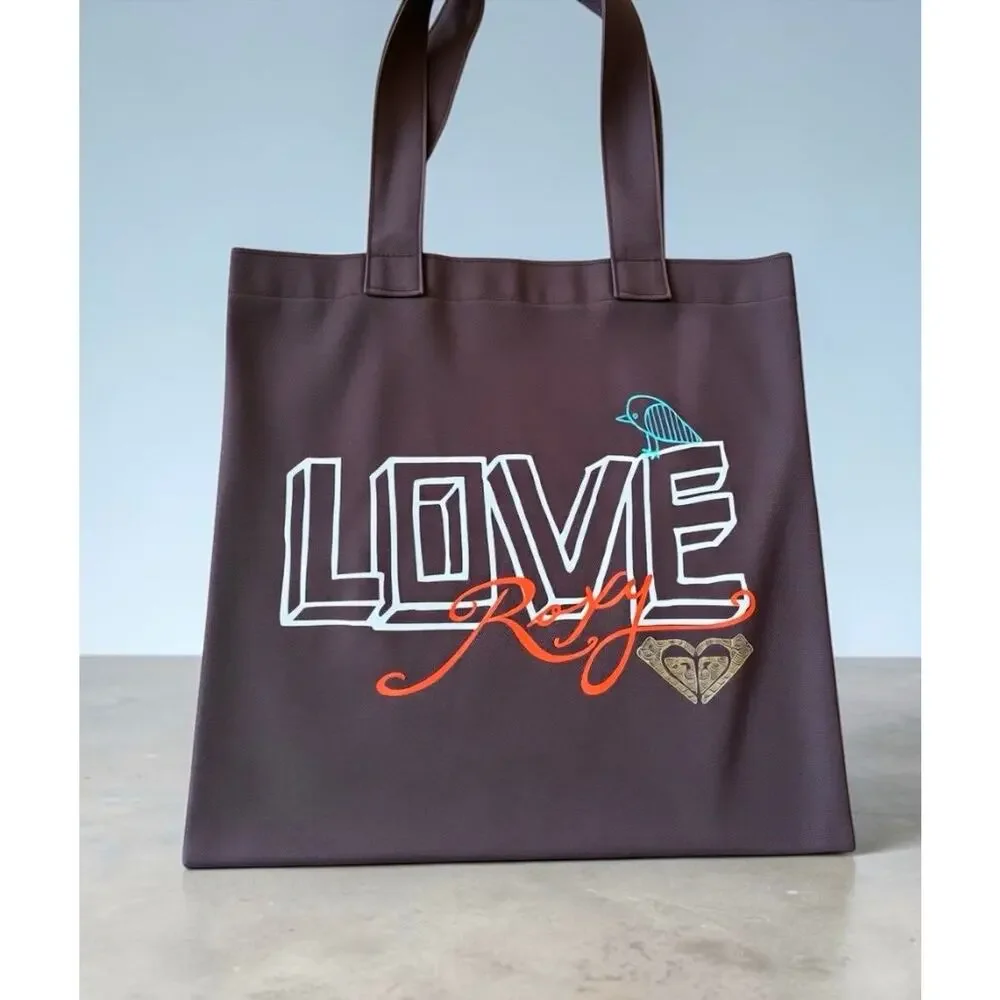 Vintage Y2K Roxy Canvas Tote Bag Brown LOVE Graphic Bird Surf Boho Skater